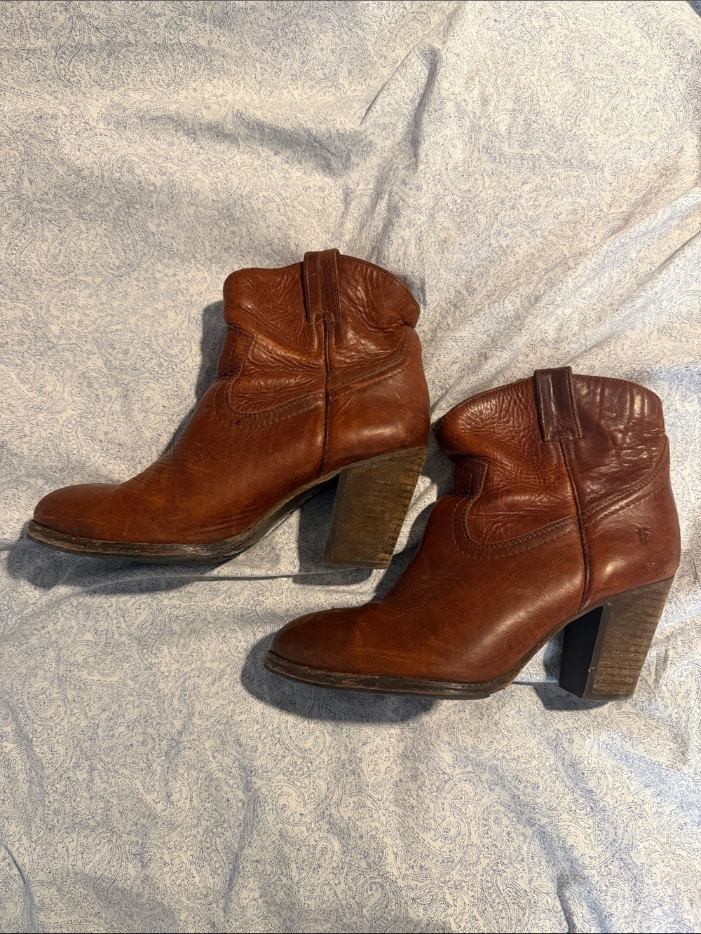Frye Brown Leather Western Ankle Boots with Block Heel